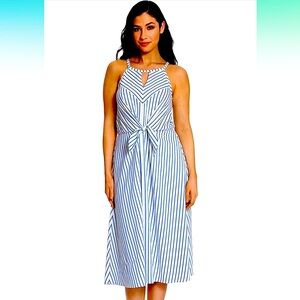 London Times Blue and White Striped Midi Dress